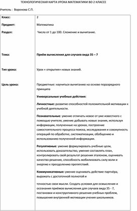 Обложка для материала Технологическая карта урока по математике 2 кл. по теме : "Приёмы для случаев вида 35-7"