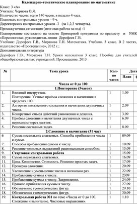 Календарно-тематическое планирование по математике, 3класс, УМК "Перспектива"