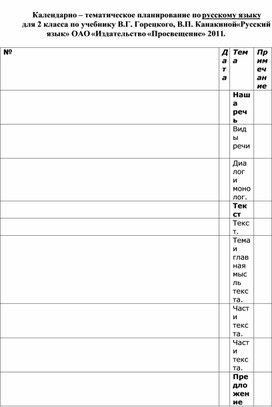 Календарно-тематическое планирование по русскому языку (2 класс).