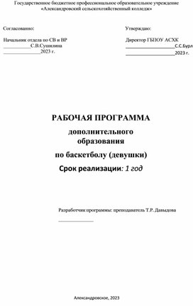 Рабочая программа по дополнительной образовательной программе  "Баскетболл"