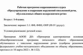 Обложка для материала Программа коррекционного курса  «Предупреждение и коррекция нарушений письменной речи, обусловленных общим недоразвитием речи»