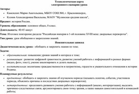 Технологическая карта электронного сценария Тема: Итоговое повторение раздела "Российская империя в 1-ой половине XVIII века: дворцовые перевороты". урока история России