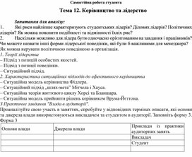 Обложка для материала Самостійна робота студента Тема 12. Керівництво та лідерство  Запитання для аналізу