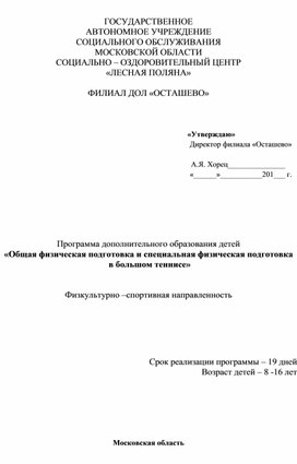 Дополнительная общеобразовательная программа "ОФП и СФП в большом теннисе"