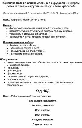 Конспект НОД по ознакомлению с окружающим миром детей в средней группе на тему: "Лето красное!"