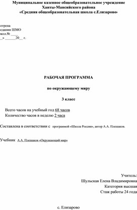 Рабочая программа по окружающему миру 3 класс