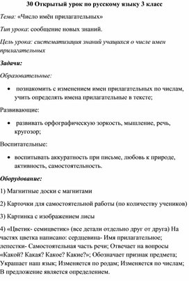 Урок  русского языка  по теме : "Число имен прилагательных "