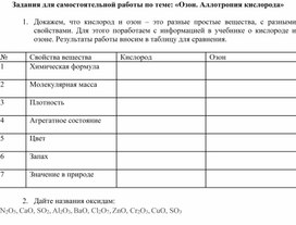 Задания для самостоятельной работы по теме "Озон. Аллотропия кислорода"