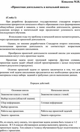 Обложка для материала Выступление "Проектная деятельность в начальной школе"