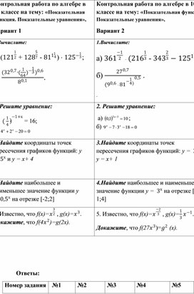 Обложка для материала Контрольная работа по алгебре в 10 классе на тему: «Показательная функция. Показательные уравнения»