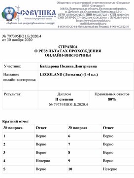 Обложка для материала № 797395ВО1.Б.2020.4 от 30 ноября 2020  СПРАВКА О РЕЗУЛЬТАТАХ ПРОХОЖДЕНИЯ ОНЛАЙН-ВИКТОРИНЫ  Участник: 	Байдарова Полина Дмитриевна Название  онлайн-викторины:	LEGOLAND (Леголэнд) (1-4 кл.)