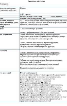 10 класс_Краткосрочный план_Обратная функция