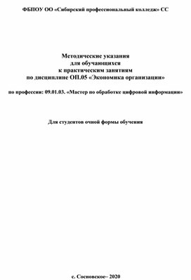 Методические указания для обучающихся к практическим занятиям по дисциплине ОП.05 «Экономика организации»  по профессии: 09.01.03. «Мастер по обработке цифровой информации»   Для студентов очной формы обучения