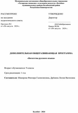 Обложка для материала Рабочая программа по курсу внеурочной деятельности "Богатства русского языка"