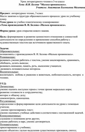 Урок литературного чтения в 3-м классе Тема :В.И. Белова "Малька провинилась».