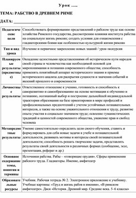 Технологическая карта урока:  Рабство в Древнем Риме