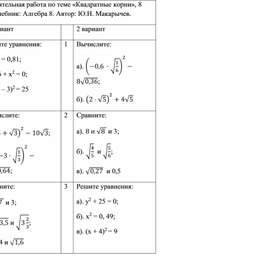 Обложка для материала Самостоятельная работа по теме «Квадратные корни», 8 класс.