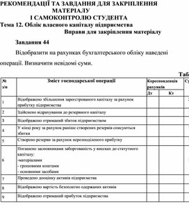 Обложка для материала Тема 12. Облік власного капіталу підприємства Вправи для закріплення матеріалу  Завдання 44