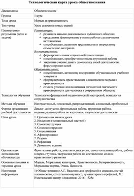 Методическая разработка по дисциплине "Обществознание" по теме "Мораль и нравственность"