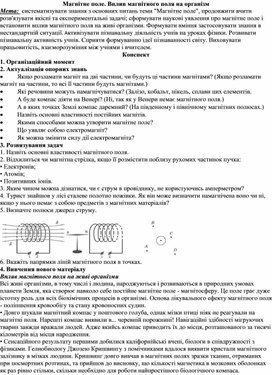 Конспект уроку фізики "Магнітне поле"