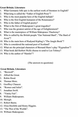 Страноведческие тесты. Great Britain. Literature
