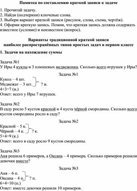 Обложка для материала Памятка «Составление краткой записи к простым текстовым задачам на нахождение суммы, остатка, неизвестного слагаемого, увеличение и уменьшение числа на несколько единиц»