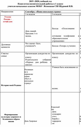 Обложка для материала 2019 -2020 учебный год  План-сетка воспитательной работы в 1 классе учителя начальных классов МОБУ  Ясенецкая СШ Шуровой Н.В.