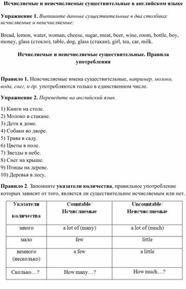 Подборка упражнения на исчисляемые и неисчисляемые существительные в английском языке для 6 класса