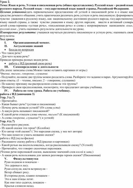 Конспект урока русского языка по теме "Устная и письменная речь" для учащихся 1 класса