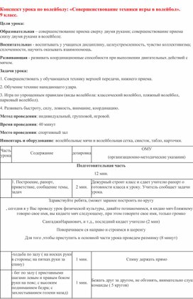 Обложка для материала Конспект урока по волейболу: «Совершенствование техники игры в волейбол».         9 класс.