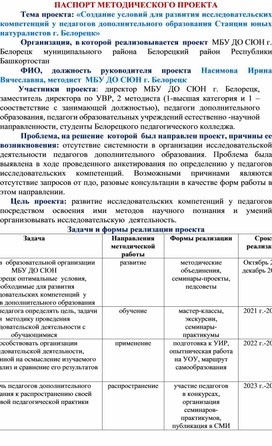 ПАСПОРТ МЕТОДИЧЕСКОГО ПРОЕКТА