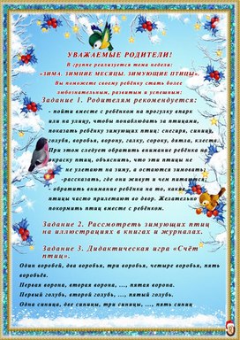 Обложка для материала Рекомендации родителям по теме "Зимующие птицы"