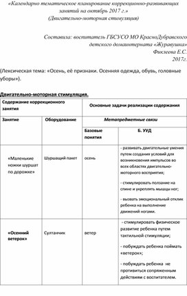 «Календарно¬ тематическое планирование коррекционно-развивающих занятий на октябрь 2017 г.» (Двигательно-моторная стимуляция)