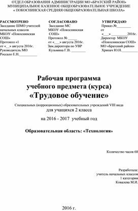 Обложка для материала Программа Трудовое обучение 2 класс 8 вид