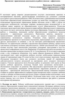 Предметно - практическая деятельность в работе учителя – дефектолога