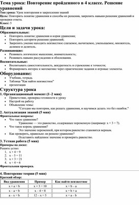 Обложка для материала Поурочная разработка "Повторение пройденного в 4 классе. Решение уравнений"