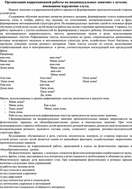 Обложка для материала Организация коррекционной работы на индивидуальных занятиях с детьми, имеющими нарушение слуха