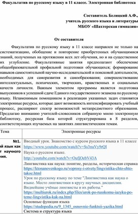 Факультатив по русскому языку в 11 классе. Электронная библиотека