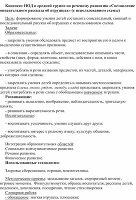 Конспект НОД в средней группе по речевому развитию «Составление описательного рассказа об игрушках» (с использованием схемы)