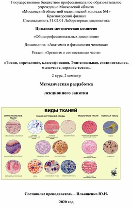 Методическая разработка на тему " Ткани, определение, классификация. Эпителиальная,соединительная, мышечная, нервная ткань.