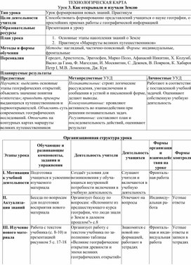 Технологическая карта по географии 7 класс Как открывали и изучали Землю