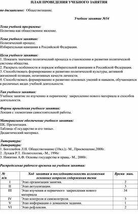 Методическая разработка учебного занятия по обществознанию по теме «Политический процесс.  Избирательная кампания в Российской Федерации»