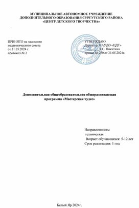 Обложка для материала Дополнительная общеобразовательная общеразвивающая программа «Мастерская чудес»