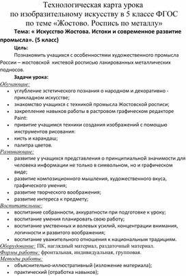 Технологическая карта урока по изобразительному искусству в 5 классе ФГОС по теме «Жостово. Роспись по металлу»