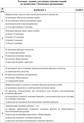 Тестовые задания для оценки усвоения знаний по дисциплине Экономика организации, вариант 2