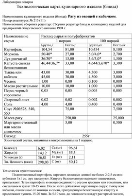 Технологическая карта кулинарного изделия (блюда) "Рагу из овощей с кабачком"