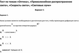 Обложка для материала Тест по темам «Оптика», «Прямолинейное распространение света», «Скорость света», «Световые лучи»