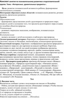 Конспект занятия по познавательному развитию в подготовительной группе. Тема: «Интересные, удивительные предметы».