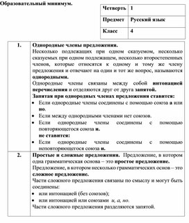 Образовательный минимум по русскому языку 4 класс УМК Школа России