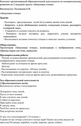 Конспект занятия по познавательной деятельности во 2 младшей группе "Зимующие птицы"